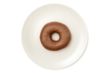 Tasty Donut dessert with chocolate glossy glaze in a plate, isolated on white background. One round chocolate doughnut cake for your design and print