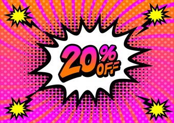 20 Percent OFF Discount on a Comics style bang shape background. Pop art comic discount promotion banners.