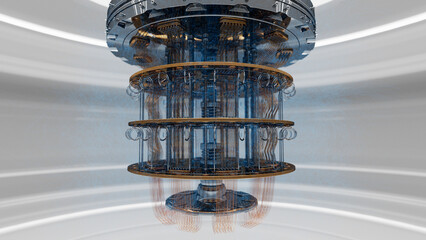 Fototapeta na wymiar quantum computer in white room with blue anomalous linear structure
