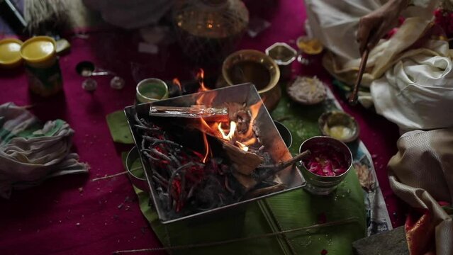 A shot of pyre burning at an Indian wedding for rituals in New Delhi, India