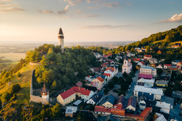 An aerial photo of watchtower Stramberska Truba while sunset golden hour in Stramberk in the Czech Republic. High quality photo - 529633899