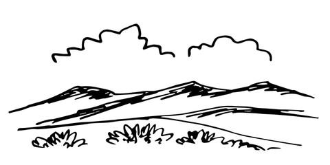 Simple hand drawn vector illustration with black outline. Mountains on the horizon, clouds in the sky, grass and bushes. Landscape and nature. Ink sketch.