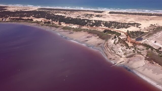 Aerial footage of dark pink lake with dry shore, sandy patch with trees between the lake and the ocean, Retba lake, Dakar, Senegal, panning along the lake while tilting up.