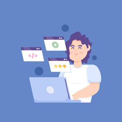 a woman is learning and practicing programming skills. full stack developer, programmer, software engineer. programming courses and training. cartoon character concept illustration. element design