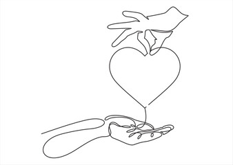 One continuous single drawing line art flat doodle two, hand, heart, valentine, love, romantic.