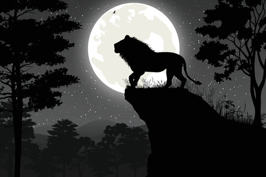 cute lion and moon silhouette landscape