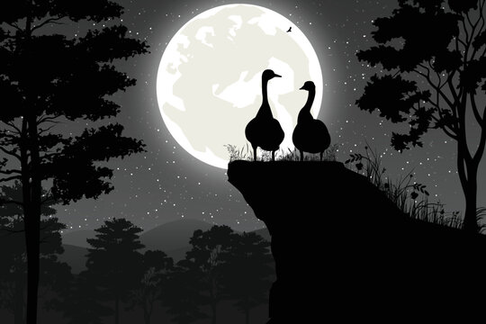 cute goose and moon silhouette landscape