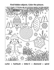 Hidden objects, or seek and find, picture puzzle and coloring page activity sheet with happy cheerful gingerbread girl or snow maiden and three beautiful christmas tree ornaments
