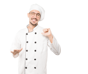 Friendly young chef doing a gesture of keep calm