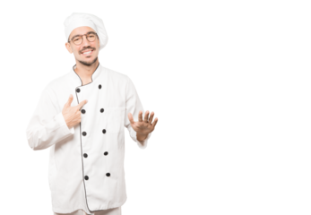 Friendly young chef doing a gesture of keep calm
