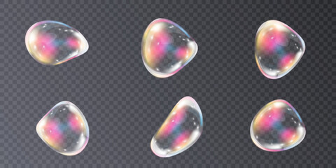 Realistic soap bubbles with iridescent reflection and highlights. On a transparent background.