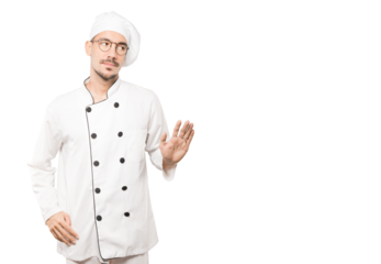 Doubtful young chef doing a gesture of keep calm