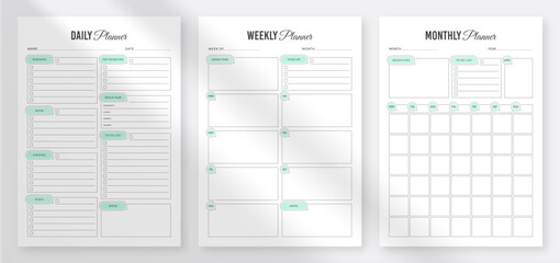 Daily, weekly, monthly planner template. 3 Set of minimalist planners. Printable Daily Weekly Monthly Planner Templates. - obrazy, fototapety, plakaty