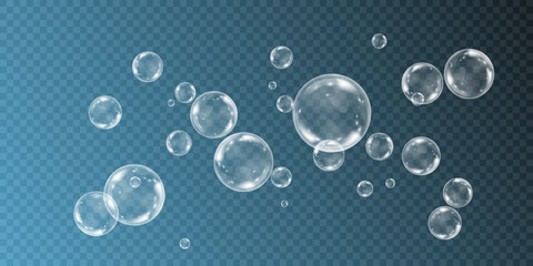 Realistic soap bubbles with iridescent reflection and highlights. On a transparent background.