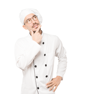 Happy young chef making a gesture of doubt