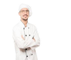 Serious young chef looking up gesture