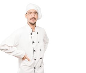 Hesitant young chef looking up gesture