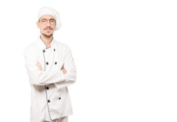 Serious young chef looking up gesture