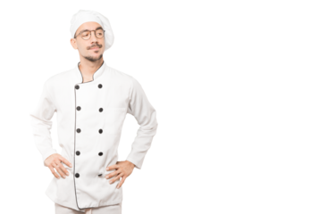 Hesitant young chef looking up gesture