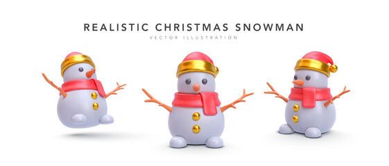 Set of 3d realistic colourful Christmas snowman in different position with shadow isolated on white background. Vector illustration