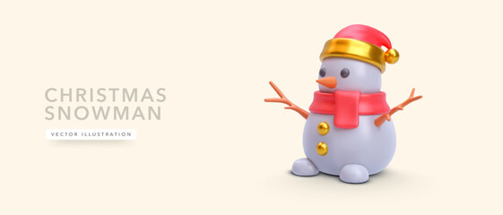 3d realistic Christmas snowman with shadow isolated on yellow background. Vector illustration