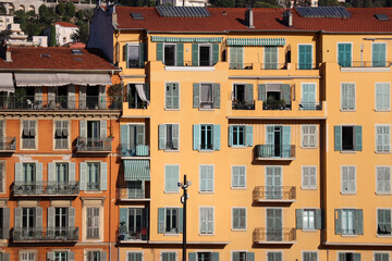 Nice, France - 09.09.2022 : Close-up of colorful facades in the port of Nice