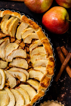 Homemade apple pie on white rusty background, view from above. Flat lay, overhead, top view