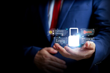 Cybersecurity and data protection key lock concepts internet technology data privacy Businessman working with modern computer keys that protect network connections of business and financial data.