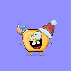Vector cartoon funky orange monster with Santa Claus red hat isolated on violet background. Funny and cute Childrens Merry Christmas greeting card with funny monster elf Santa Claus character.
