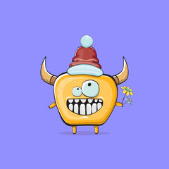 Vector cartoon funky orange monster with Santa Claus red hat isolated on violet background. Funny and cute Childrens Merry Christmas greeting card with funny monster elf Santa Claus character.