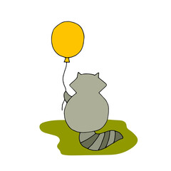 The raccoon sits and holds a balloon in its paws. Animal, forest dweller, beast. Colorful children's illustration. Drawn by hand. Doodle.Vector.