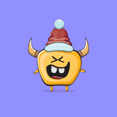 Vector cartoon funky orange monster with Santa Claus red hat isolated on violet background. Funny and cute Childrens Merry Christmas greeting card with funny monster elf Santa Claus character.
