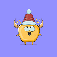 Vector cartoon funky orange monster with Santa Claus red hat isolated on violet background. Funny and cute Childrens Merry Christmas greeting card with funny monster elf Santa Claus character.