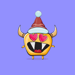 Vector cartoon funky orange monster with Santa Claus red hat isolated on violet background. Funny and cute Childrens Merry Christmas greeting card with funny monster elf Santa Claus character.