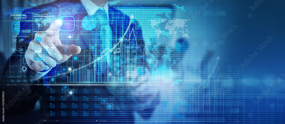 Poster businessman working data finacne report world map and growth graph and progress of business and anal