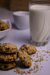 oatmeal cookies on a colored background,milk