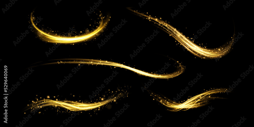 Poster set of abstract light lines of movement and speed with golden sparkles. light everyday glowing effec