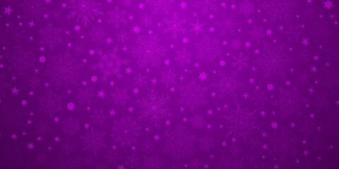 Background of complex big and small Christmas snowflakes in purple colors. Winter illustration with falling snow