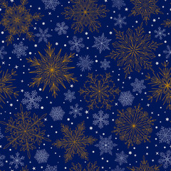 Fototapeta na wymiar Seamless pattern with complex big and small Christmas snowflakes in blue and yellow colors. Winter background with falling snow
