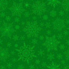 Fototapeta na wymiar Seamless pattern with complex big and small Christmas snowflakes in green colors. Winter background with falling snow