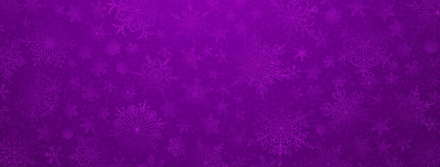 Naklejka na ściany i meble Background of complex big and small Christmas snowflakes in purple colors. Winter illustration with falling snow
