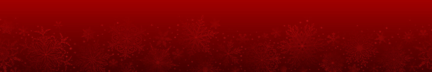 Banner of complex Christmas snowflakes in red colors with seamless horizontal repetition. Winter background with falling snow