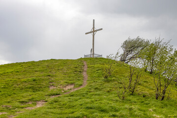 The big cross on the summit of Antola Mount at 1597 metres located between the Scrivia valley, the...