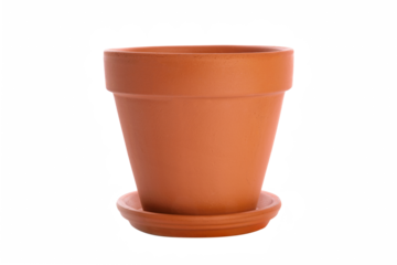 Single brown clay flower pot with saucer isolated on a transparent background.