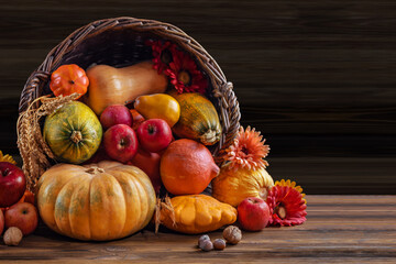 Thanksgiving day still life, background with empty copy space. Pumpkin harvest in wicker basket. Squash, vegetable autumn fruit, apples, and nuts on a wooden table. Halloween decoration fall design