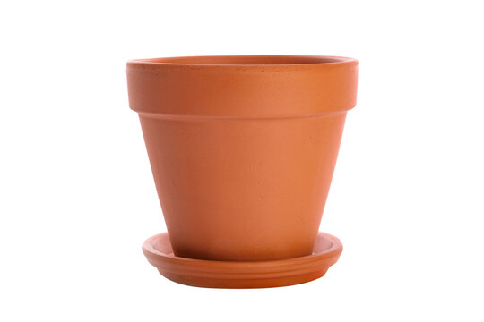 Single brown clay flower pot with saucer isolated on a transparent background.