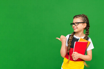 A child with a German flag points at your advertisement and holds a notebook. A little girl with glasses on an isolated green background.