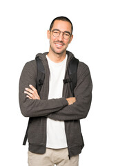 Serious student looking up gesture