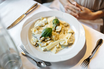 Delicious dinner beautifully arranged on a dinner plate.