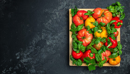 box of fresh, organically homegrown vegetables tomatoes, peppers and basil on a dark background. Long banner format. top view